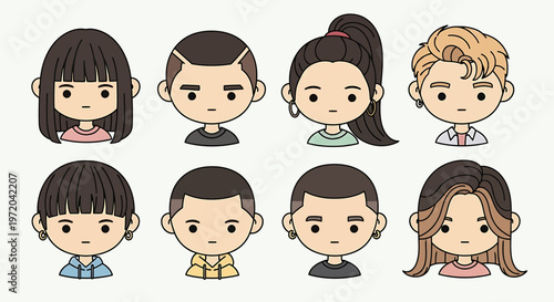 A charming collection of diverse cartoon avatar portraits, showcasing various youthful faces with unique hairstyles and expressions, perfect for digital profiles and character design