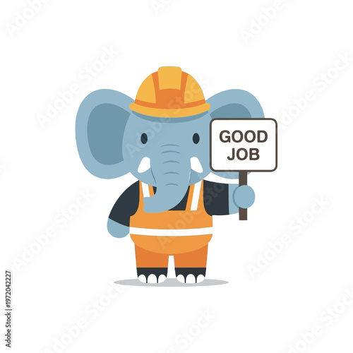 Adorable cartoon elephant construction worker holding a 'Good Job' sign, perfect for positive reinforcement and workplace recognition