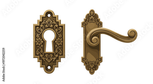 Two ornate brass door hardware pieces, a keyhole escutcheon and a lever handle, are displayed separately on a white background.