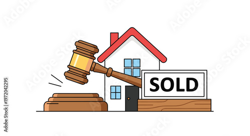 A wooden gavel is striking a sound block next to a white house with a red roof and a SOLD sign on a white background.