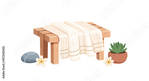 A pixelated illustration shows a light wooden bench with a folded beige towel, a potted succulent, a grey stone, and two white flowers on a white background.