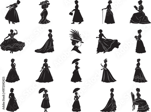 Victorian Women Silhouette Bundle Elegant Ladies in Period Dresses