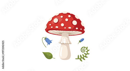 A pixelated illustration prominently features a vibrant red and white spotted toadstool surrounded by a blue bellflower, a green fern, and a leaf on a white background.