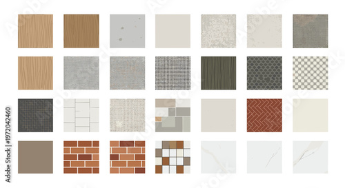 A comprehensive grid of twenty-five square swatches showcasing diverse material textures and patterns is presented on a white background.