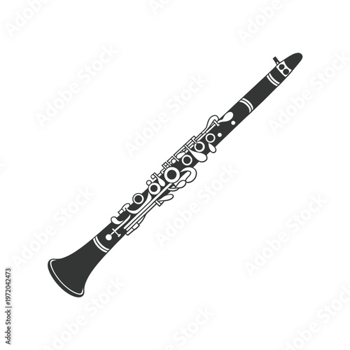 A black and white illustration of a wooden clarinet on white background