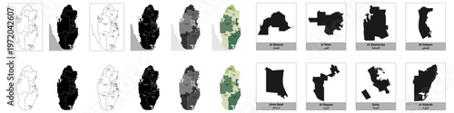 Qatar map vector set with administrative municipality borders silhouette, flat outline and solid icons including Al Shamal, Doha, and Al Rayyan for professional geography infographic design and travel