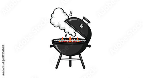 A black kettle-style barbecue grill with an open lid emitting smoke and flames is centrally placed on a white background.