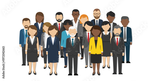 A large group of diverse business professionals stands together in multiple rows against a plain white background.