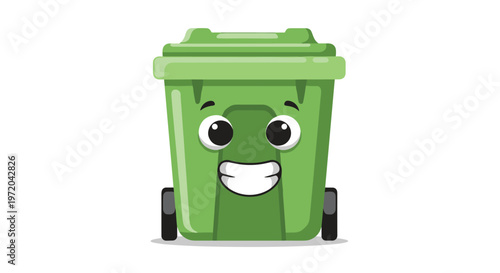 A happy green recycling bin character with a closed lid and black wheels smiles broadly on a clean white background.