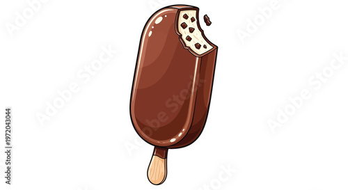 Cartoon illustration of a chocolate popsicle with a bite taken out