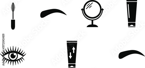 Beauty makeup icon set vector, mascara brush eyebrow shapes mirror cosmetic cream tube eye illustration minimalist black design isolated background