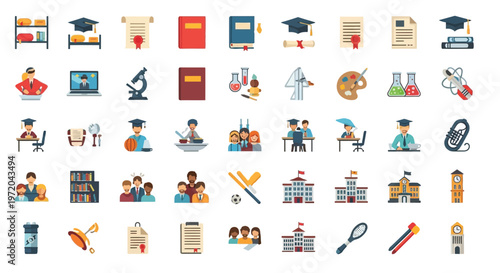 Colorful flat icons representing education learning and academic achievements