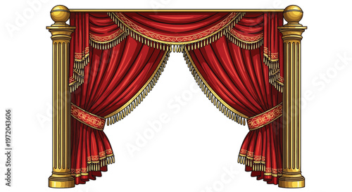 Opulent red curtains with gold trim and decorative columns displayed