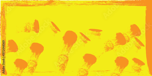 Abstract dynamic orange jellyfish swarm on bright yellow background, vector illustration