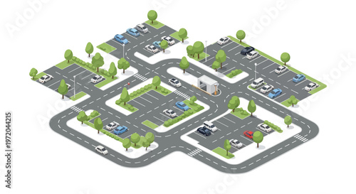 Isometric illustration of a busy parking lot with multiple vehicle spaces