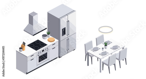 Isometric illustration of a modern kitchen with appliances and dining area