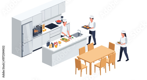 Isometric illustration of a modern kitchen and restaurant service scene