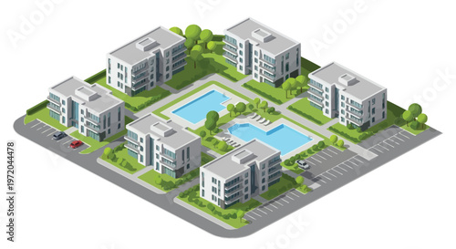 Isometric illustration of a modern residential complex with a swimming pool