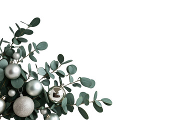 Eucalyptus branches decorating with silver christmas baubles, creating a minimal winter holiday border, transparent background