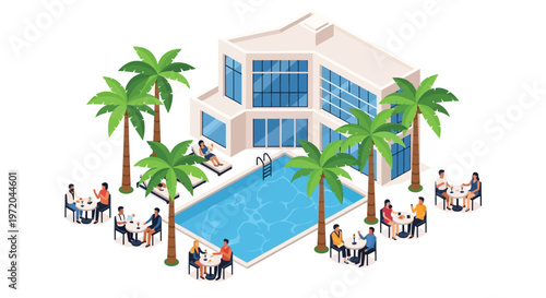Isometric illustration of a luxury resort with a pool and dining areas