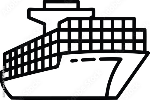 Container ship icon, cargo vessel outline, line art, black and white