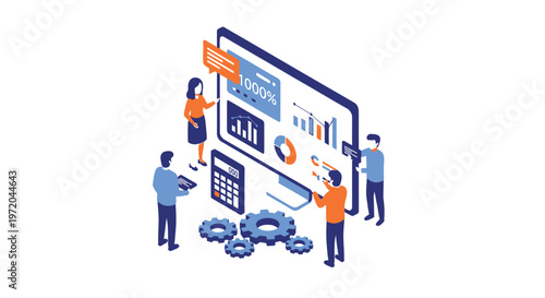 Team analyzing data and progress on a large computer display