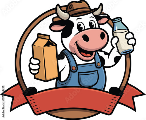 Cute cow farmer mascot holding milk bottle and carton flat vector illustration