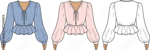 Women blouse fashion illustration front back views lace detail flat vector