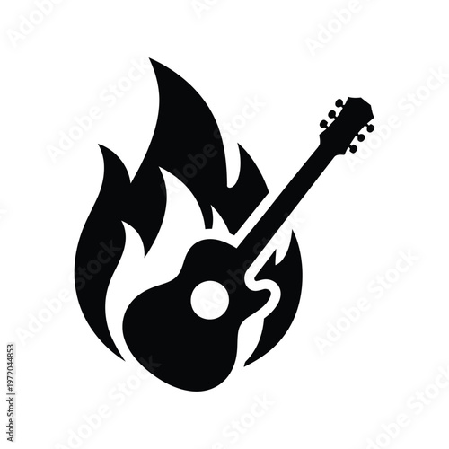 Acoustic guitar silhouette engulfed in flames vector graphic design