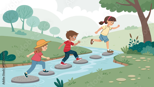 Children playing outdoors balancing on stepping stones in a stream with green landscape and trees