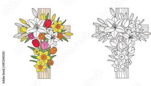 Floral Easter cross with spring flowers lilies and tulips. Colored illustration and black and white line art coloring page vector.
