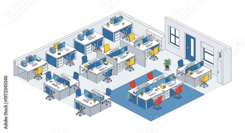 Isometric illustration of a modern open plan office workspace with desks
