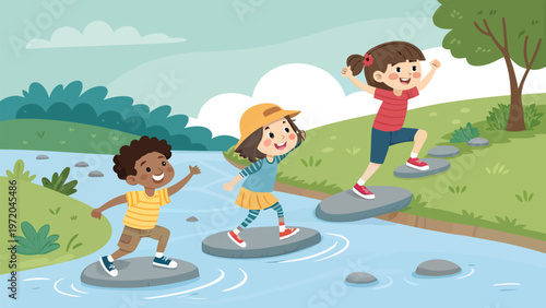 Three children balancing on stepping stones in a serene natural setting with a stream grassy banks and trees under a partly cloudy sky