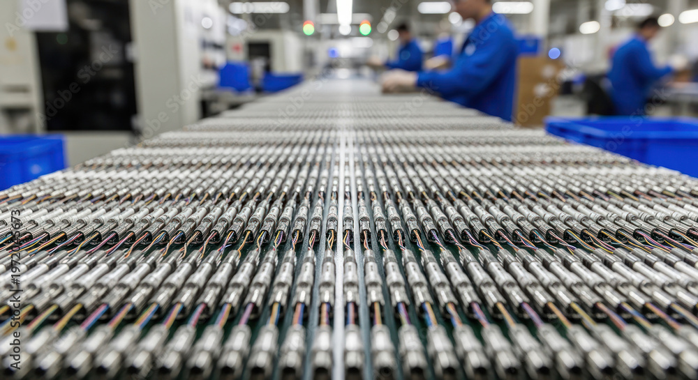 Fototapeta premium Electronic Connectors Arranged in Rows on a Production Line