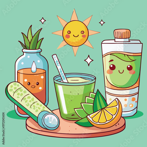 Cute cartoon fruits and beverages on a wooden platter