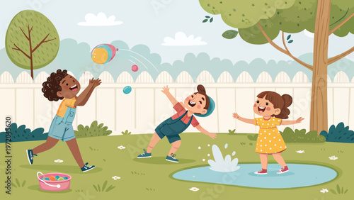 Three children playing catch with colorful water balloons in a green backyard on a sunny day with a white picket fence