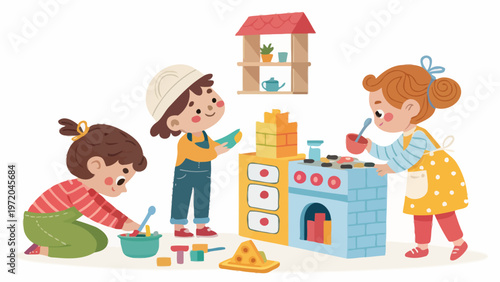 Children playing pretend games with toys kids cooking and baking with play kitchen and utensils vector illustration of happy kids in playful mood
