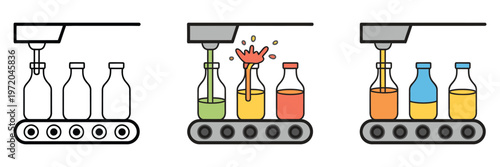 Liquid Filling Machine Icon, depicting automated liquid bottling on a conveyor, representing industrial production, food and beverage manufacturing