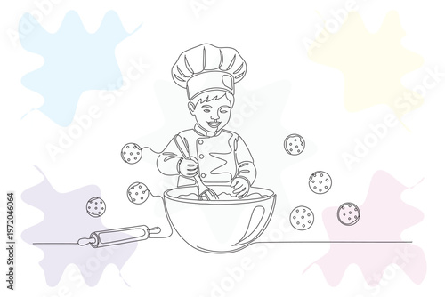 Charming continuous line illustration of a child baker happily mixing ingredients in a bowl, perfect for kid's room decor or baking-themed designs.