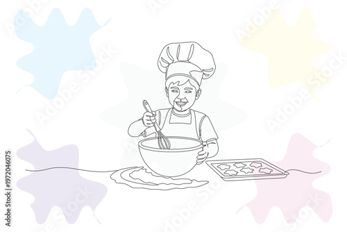 Charming continuous line illustration of a child baking, perfect for kid's room decor, storybooks, or heartwarming designs evoking love and creativity.