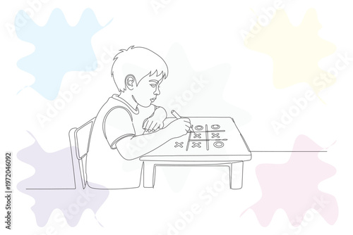 Charming continuous line illustration of a child engrossed in a game of tic-tac-toe, showcasing a heartwarming scene of youthful concentration and playful learning.