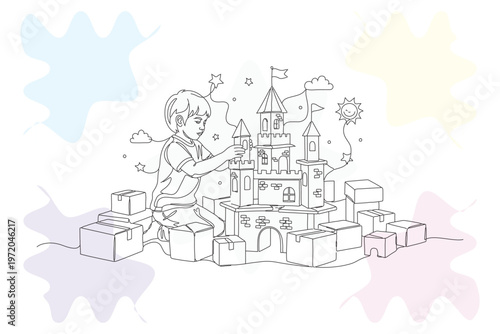Charming hand-drawn illustration of a child building a magnificent castle with blocks, evoking imagination and playful creativity.