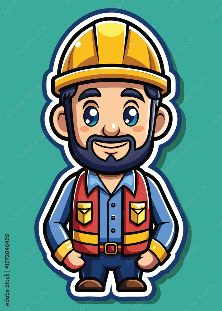 Fototapeta premium Cartoon engineer with beard wearing safety vest and hard hat