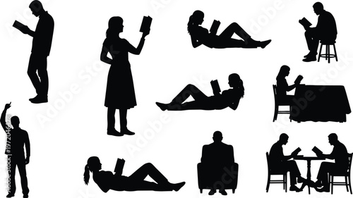 People reading books silhouettes collection, men and women studying in various positions, education, knowledge and learning concept, readers isolated on white background