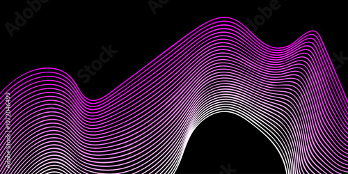 Modern 3d render of a building featuring a purple and pink spiral staircase with abstract digital wave patterns and glowing technology lines on a black texture backdrop