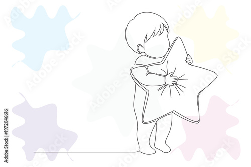 Continuous Line Drawing of a Child Hugging a Star, Hand-Drawn Illustration with Pastel Background, Concept of Love and Childhood Dreams
