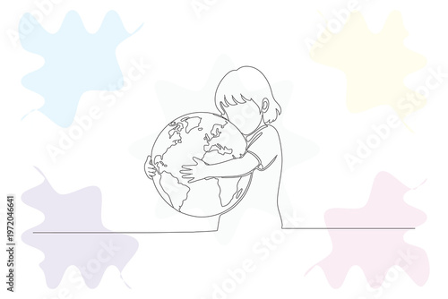 Continuous Line Drawing of a Child Hugging the Earth, Representing Global Love and Environmental Care in a Minimalist Style