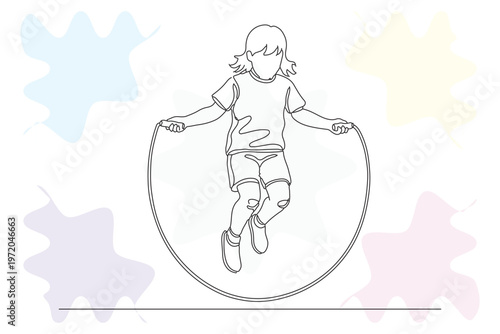 Continuous Line Drawing of a Child Joyfully Jumping Rope, Playful Illustration with Pastel Background Elements, Kid's Activity and Love Concept