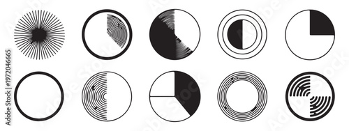 Collection of 10 black and white abstract circular designs, with varied line patterns and segmented forms.