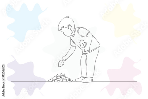 Continuous line drawing of a child playing with autumn leaves, a heartwarming illustration evoking feelings of love and simple joys of childhood.
